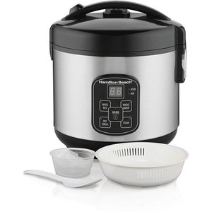 lot 89321 image: Hamilton Beach Digital Programmable Rice Cooker & Food Steamer, 8 Cups Cooked (4 Uncooked), With Steam & Rinse Basket, Stainless Steel