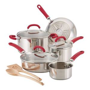 lot 89331 image: Rachael Ray - Create Delicious 10-Piece Cookware Set - Stainless Steel with Red Handles Retail $159.99