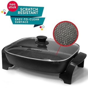 lot 89245 image: Elite Gourmet EG6203 PFOA-Free 16x 3x3.2  10.5Qt Scratch Resistant, Easy-Pour Spout, Dishwasher Safe, Easy to Clean, Non-stick Electric Skillet with Glass Vented Lid, Trigger Release Probe, Black