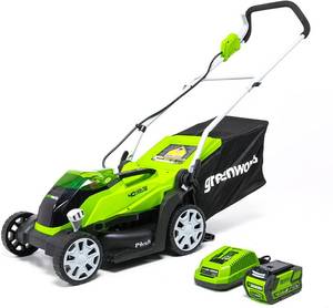 lot 89317 image: Greenworks 14-Inch 40V Cordless Lawn Mower, 4.0 AH Battery Included MO40B410 Retail $207.00