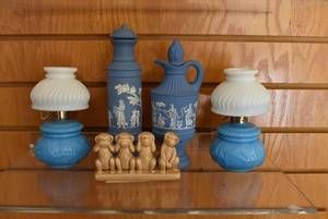 lot 6064 image: Lot of 5 Assorted Ceramic Items  Oil Fairy Lamps, Monkey Figurine, Etc.