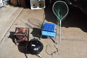 lot 6066 image: Lot of FishingCamping Gear  Fishing Pole, Net, Small Grill, Etc.