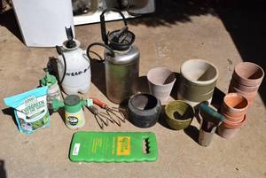 lot 6069 image: Lot of Gardening Supplies  Plant Pots, Kneeling Pad, Plant Food, Etc.