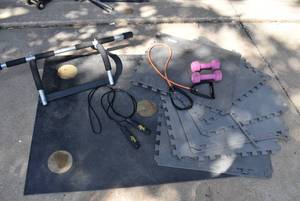 lot 6071 image: Lot of Exercise Equipment  Pull upCrunch Bar, Jump Rope, Weights, Mats, Etc.