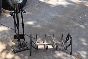 lot 6077 image: Lot of Fireplace Tools  Iron Grate, Broom, Tongs, Etc