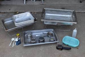 lot 6081 image: Lot of Assorted Food Serving Supplies  Metal Trays, Sterno Stands, Disposable Aluminum Pans, Etc