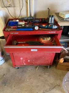 lot 6096 image: Craftsman Rolling Tool Chest with Tools  Screwdrivers, Dremel, Hammer, Etc.