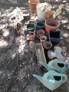 lot 7047 image: Lot of Garden Supplies  Pots, Watering Cans, Trellis, Etc.