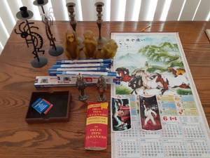 lot 7050 image: Lot of Assorted Decor Items  Candlesticks, Calendar, Etc.
