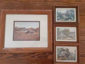 lot 7072 image: Lot of 4 Framed Homestead Prints  Currier and Ives, Ruane Manning