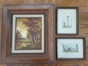 lot 7073 image: Lot of 3 Framed Kansas Art  Pen and Ink, Acrylic on Canvas  I. Carter, J.M. Phillips