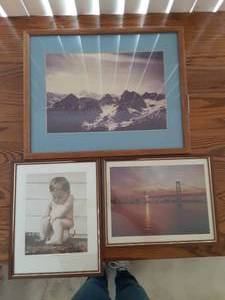 lot 7077 image: Lot of 3 Framed Art Photography  Mountains, Sunset Bridge, Little Boy