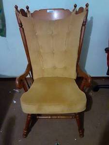 lot 8016 image: Vintage High Back Wood Arm Chair  Yellow Corduroy