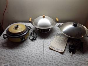 lot 8031 image: Lot of 3 Electric Cooking Appliances  2 Woks and Fondue Pot