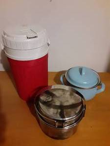 lot 8064 image: Lot of 3 Camping Cookware  Coleman, Igloo, Crofton  12 gallon Thermos, Camping Pots, Enamel Pot