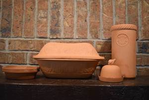 lot 7082 image: Vintage Lot of 4 Terracotta Kitchenware  Baking Dish, Butter Bell, and Wine Brick