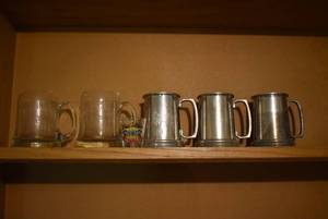 lot 8018 image: Lot of 6 Beer Steins and Shot Glass  Pewter and Glass