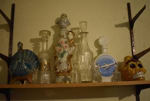 lot 8021 image: Lot of 10 Decanters, Bottles, and Turkey  Avon, Boeing, Folk Art Pottery, and more