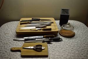 lot 8037 image: Lot of Cutting Boards and Kitchen Knives  With Knife Block