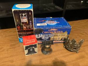 lot 8077 image: Lot of 4 Destash Decor Items  I.V. Decanter, Christmas Vacation, Liberty Bell, Thai Dancers Candle Holder