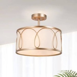 lot 11614 image: Bella Modern Gold Drum 3-light Metal Frame Fabric Shade Chandelier - L15.7  W 15.7  H8.7- Retail$198.49