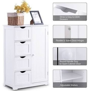 lot 11617 image: 4-Drawer White Wooden Bathroom Cabinet Free Standing Cupboard- Retail$124.99