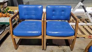 lot 35124 image: Lot of 2 Unicore Royal Blue Leather MCM Lobby Chairs - Wooden Frames
