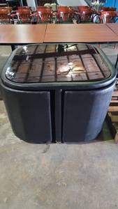 lot 35139 image: Square Leather Hide Away Table with 4 Barrel Chairs - Glass Top