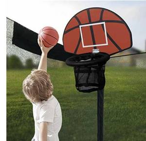 lot 342547 image: Poncho Trampoline Basketball Hoop with Pump and Attachment Mini Ball Included Easy Set for Poles Basketball Plate with Foam Protection, Retail $107.26