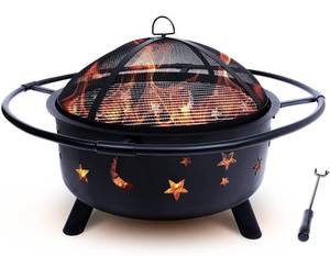 lot 342550 image: Project One Outdoor Fire Pit - 30 Inch Round Bonfire Wood Burning Patio & Backyard Firepit for Outside with Cooking BBQ Grill Grate, Spark Screen, and Fireplace Poker, Retail $109.99