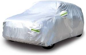 lot 442523 image: Amazon Basics Silver Weatherproof Car Cover - Peva with Cotton, Sedans Up to 190 in, Retail $34.99