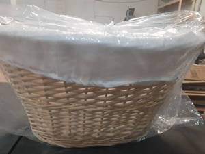lot 642699 image: Small Woven Wicker StorageLaundry Basket With White Cloth Bag.