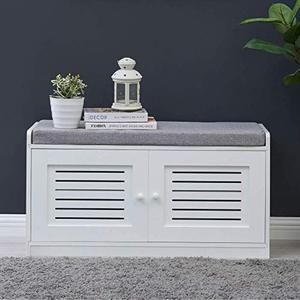 lot 11846 image: Sturdis Shoe Storage Bench White - Cushion Seat - Adjustable Shelves - Soft-Close Hinges - for Comfort & Style, Perfect for Entryway First Impression