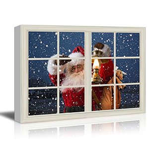 lot 11855 image: wall26 - Canvas Print Wall Art - Window Frame Style Wall Art - Santa Claus Carrying Gifts Coming on Christmas Eve  Giclee Print Modern Home Decor. Stretched & Ready to Hang - 24 x 36