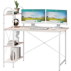 lot 11856 image: HOME BI Computer Desk with Storage Shelves 47 inch, Reversible Study Writing Table with Adjustable Bookshelf, Home Office Wood PC Work-Station, Modern Simple Style, Metal Frame, Easy Assemble, White