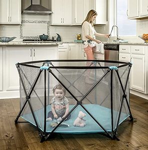 lot 11912 image: Regalo My Portable Play Yard Indoor and Outdoor, Bonus Kit, Includes Carry Case, Washable, Aqua, 6-Panel
