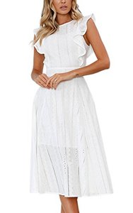 lot 11923 image: ECOWISH Womens Dresses Elegant Wedding Cocktail Ruffles Cap Sleeves Summer A-Line Midi Dress White Small