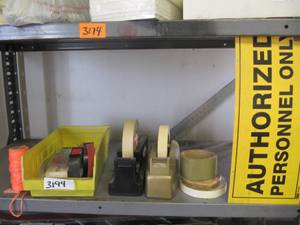 lot 3194 image: MISC BOX WITH 2 LARGE TAPE DISPENSERS, TAPE, DYMO LABEL TAPE, PERSONNEL SIGN