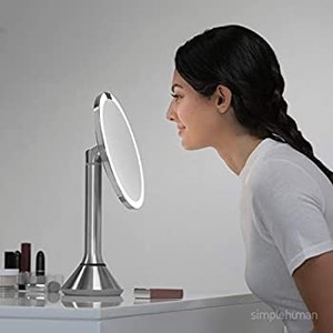 lot 44053 image: simplehuman 8 Round Sensor Makeup Mirror with Touch-Control Brightness, 5X Magnification, Rechargeable and Cordless, Brushed Stainless Steel