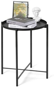 lot 44056 image: Haton Metal Side Table, Round Modern Coffee Tea Sofa End Tables with Folding Tray, Anti-Rust Waterproof Indoor Outdoor Snack Table for Living Room, Bedroom, Balcony, Black, 16.6 x 20.7 Inches
