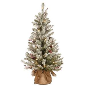 lot 44140 image: National Tree Company 3 Dunhill Fir Small Tree with Red Berries, Snow, Cones & Battery Operated Led Lights