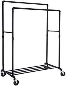 lot 44198 image: SONGMICS Heavy Duty Clothes Rack, Industrial Pipe Clothing Rack with Shelf, Double Rod Garment Rack on Wheels, Commercial Grade, for Hanging Clothes,