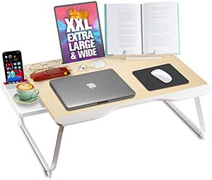 lot 44292 image: Cooper Mega Table XXL Extra Large - Premium Build Folding Bed Desk, Lap Desk & Laptop Table  Drawer, Book Stand, Lots of Leg Space (White Oak)