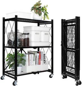 lot 44088 image: MSSOHKAN 3-Tier Foldable Storage Shelves with Wheels,Metal Storage Shelving Units, Heavy Duty Collapsible Kitchen Shelves Bookshelf,Small Rack with Wheels