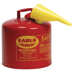 lot 9573 image: Eagle Mfg Type l Safety Cans, Gas, 5 gal, Red, Funnel