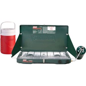 lot 9602 image: Coleman Matchlight 10,000 BTU 2-Burner Propane Stove with 1 Gallon Jug Value Bundle