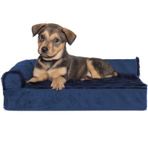 lot 9674 image: FurHaven Pet Dog Bed Deluxe Orthopedic Plush & Velvet L-Shaped Chaise Couch Pet Bed for Dogs & Cats, Deep Sapphire, Small