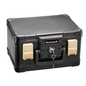 lot 9851 image: Honeywell 0.15 cu. ft. Waterproof 30-Minute Fire Chest with Key Lock, 1102