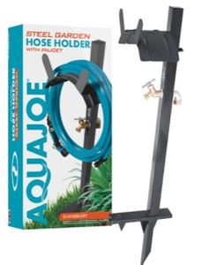 lot 9624 image: Aqua Joe SJ-SHSBB-GRY Garden Hose Stand with Brass Faucet (Gray)