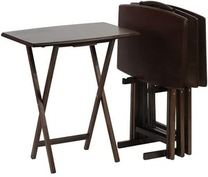 lot 7743 image: Folding TV Tray Table & Snack Table with Storage Rack, Walnut - 5 Piece Set
